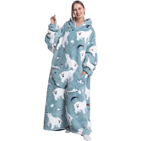 ⭐Sweat  Polar Bear Warm Giant Hoodie Thick Flannel Blanket with Sleeve - Picture 1 of 4